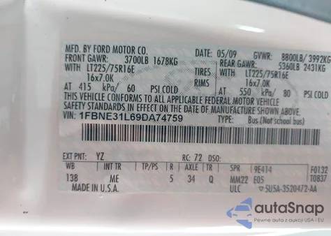 2009 Ford E-350 Super Duty Xl/Xlt из США, поврежденный, VIN 1FBNE31L69DA74759